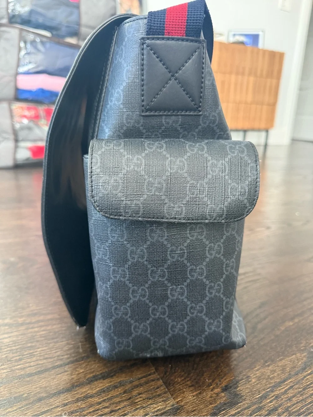 Gucci Black Monogram Diaper Bag with Red and Blue Web Strap